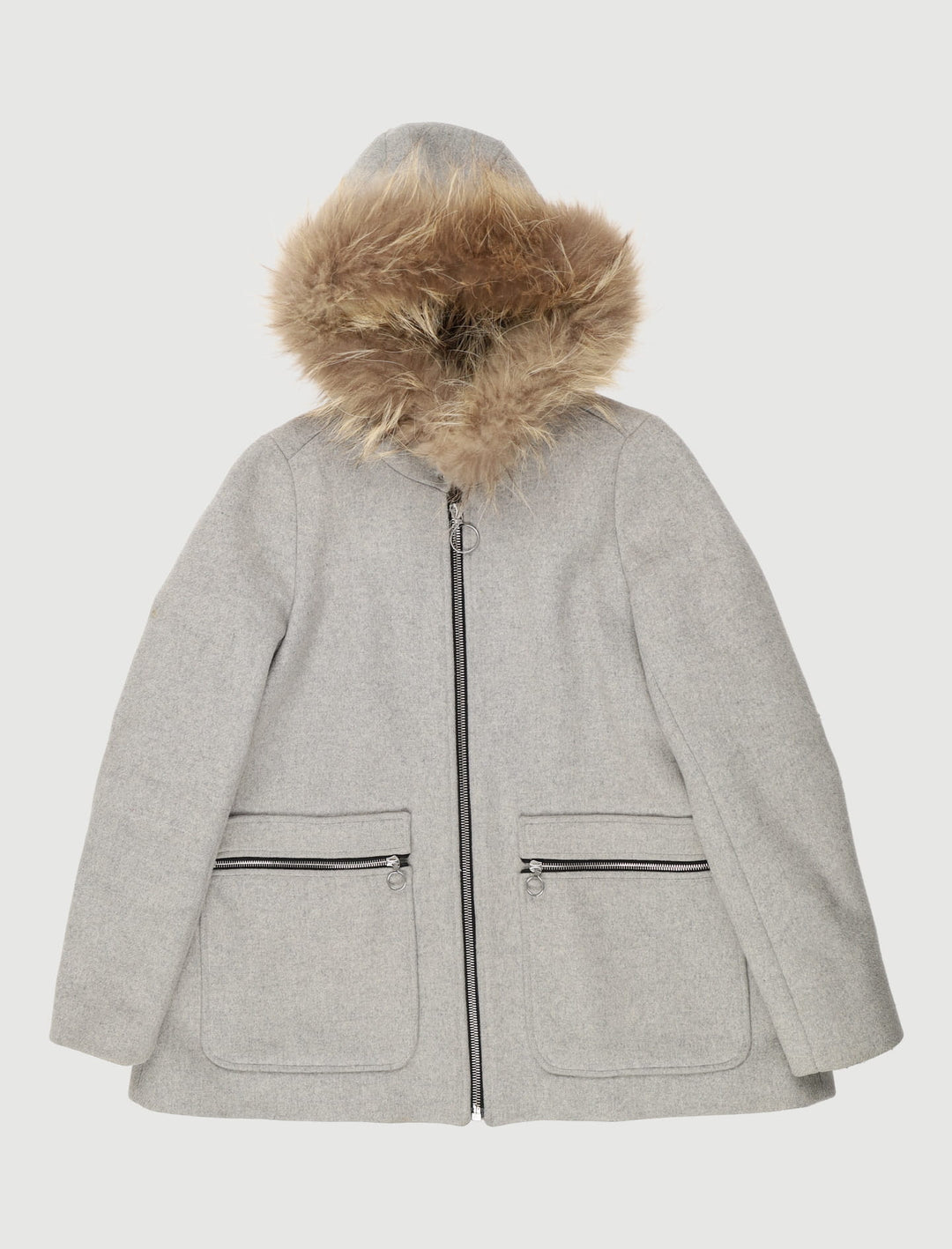 Manteau Droit Avec Capuche Fourrure Gris - Taille S/36
