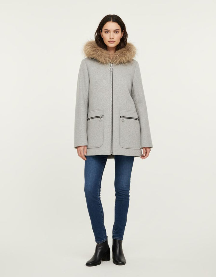 Manteau Droit Avec Capuche Fourrure Gris - Taille S/36