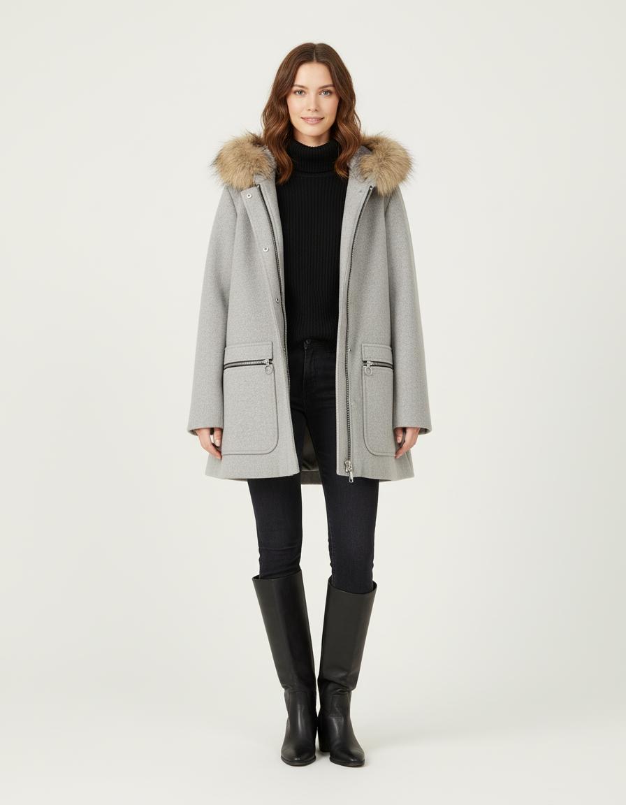 Manteau Droit Avec Capuche Fourrure Gris Maje d'occasion