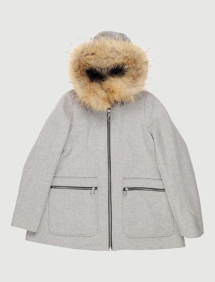 Manteau Droit Avec Capuche Fourrure Gris - Taille S/36