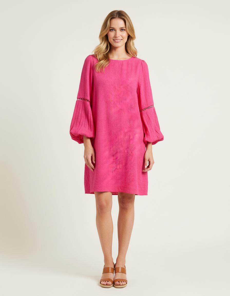Robe Manches Ballons Avec Dentelle Fushia - Taille S/36