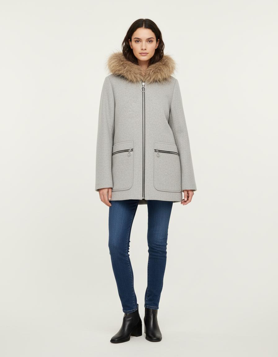 Manteau Droit Avec Capuche Fourrure Gris - Taille S/36