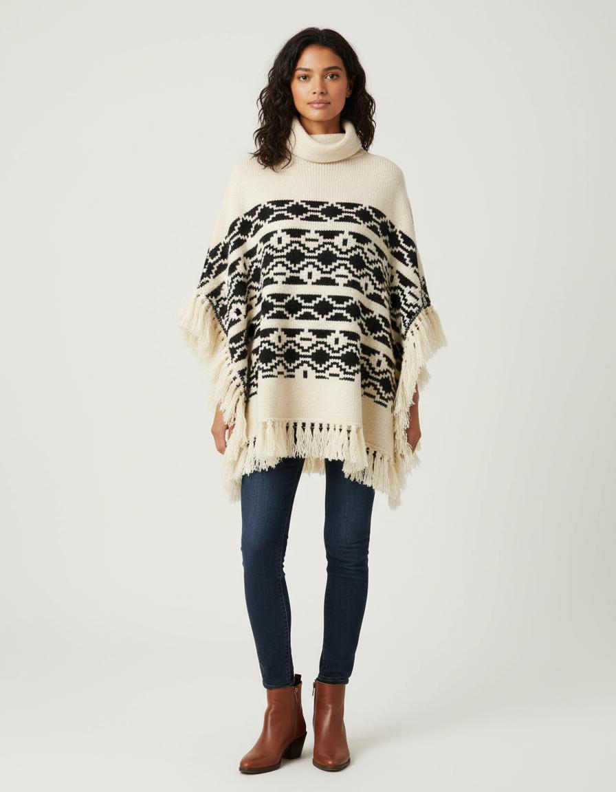 Poncho Ethnique En Maille Jacquar - Taille T.U.