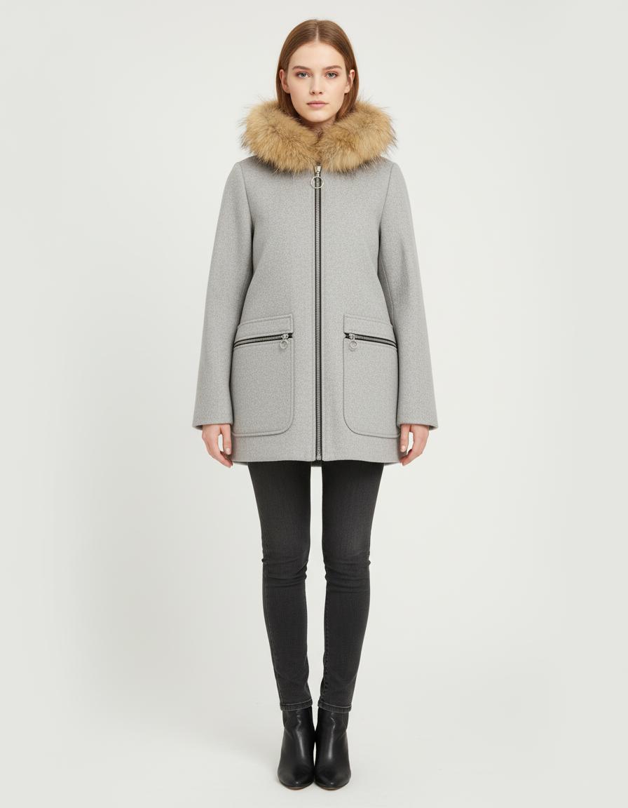 Manteau Droit Avec Capuche Fourrure Gris - Taille S/36