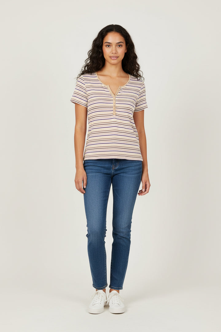Tee-shirt Rayé Beige et Violet - Taille XXXL/46