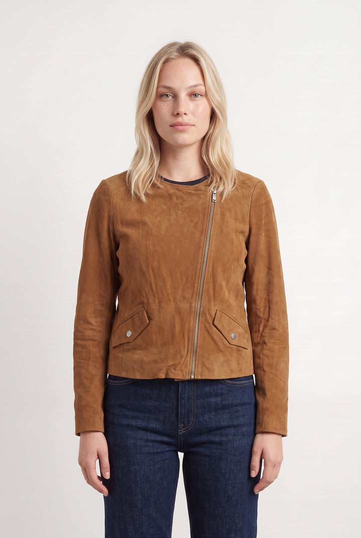 Veste Motard En Daim Marron - Taille L/40 de la marque IKKS | PARAD100048 - Vendu par Paradigme - Image 1