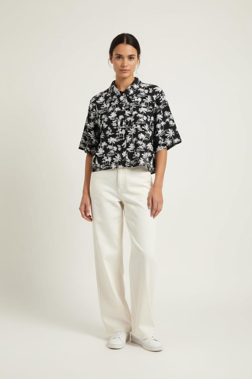 Chemise Hawaïenne Noire et Blanche - Taille L/40 de la marque Maje | PARAD100518 - Vendu par Paradigme - Image 1