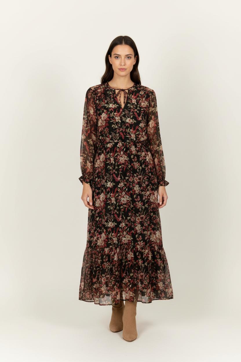 Robe Longue Noire et Fleurie - Taille S/36 de la marque The Kooples | PARAD100774 - Vendu par Paradigme - Image 1