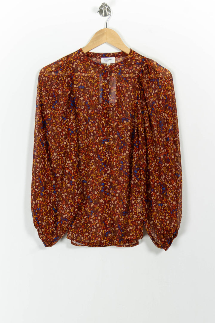 Blouse Fleurie Bordeaux et Bleu - Taille XS/34 de la marque Grace & Mila | PARAD101492 - Vendu par Paradigme - Image 2