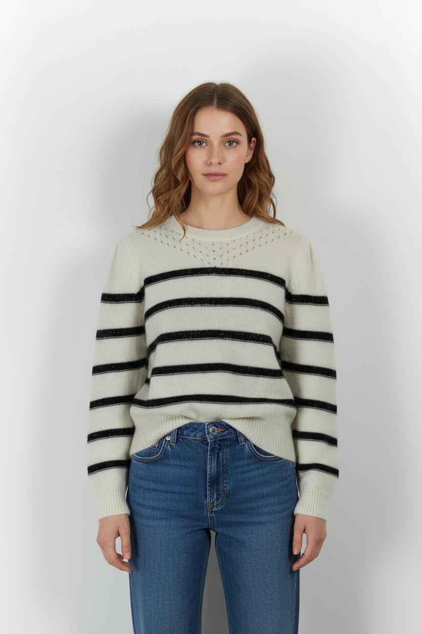 Pull Rayé Beige et Noir - Taille L/40 de la marque La Fée Maraboutée | PARAD101501 - Vendu par Paradigme - Image 1