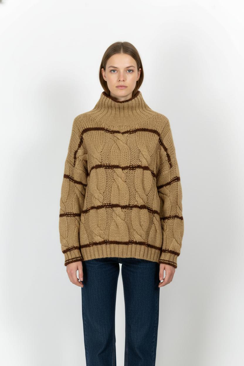 Pull torsadé beige et marron - Taille M/38 de la marque Léon & Harper | PARAD101843 - Vendu par Paradigme - Image 1