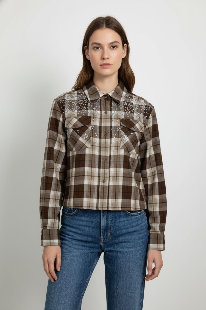 Chemise À Carreaux Marron et Beige - Taille S/36 de la marque Maje | PARAD103461 - Vendu par Paradigme - Image 1