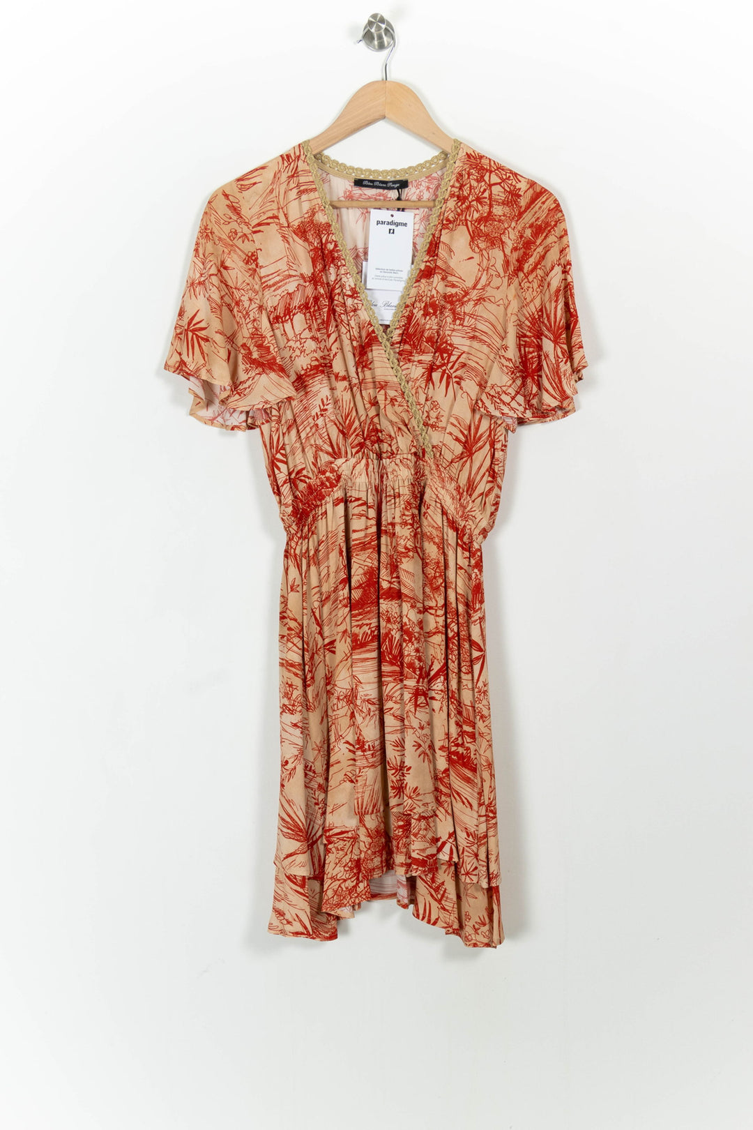 Robe Cache-Cœur Beige et Rouge - Taille M/38 de la marque Indies | PARAD103655 - Vendu par Paradigme - Image 2