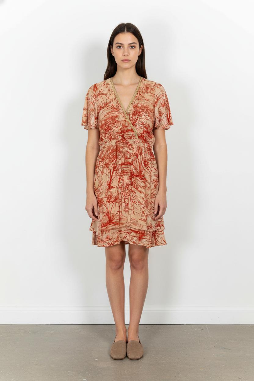Robe Cache-Cœur Beige et Rouge - Taille S/36 de la marque Indies | PARAD103658 - Vendu par Paradigme - Image 1