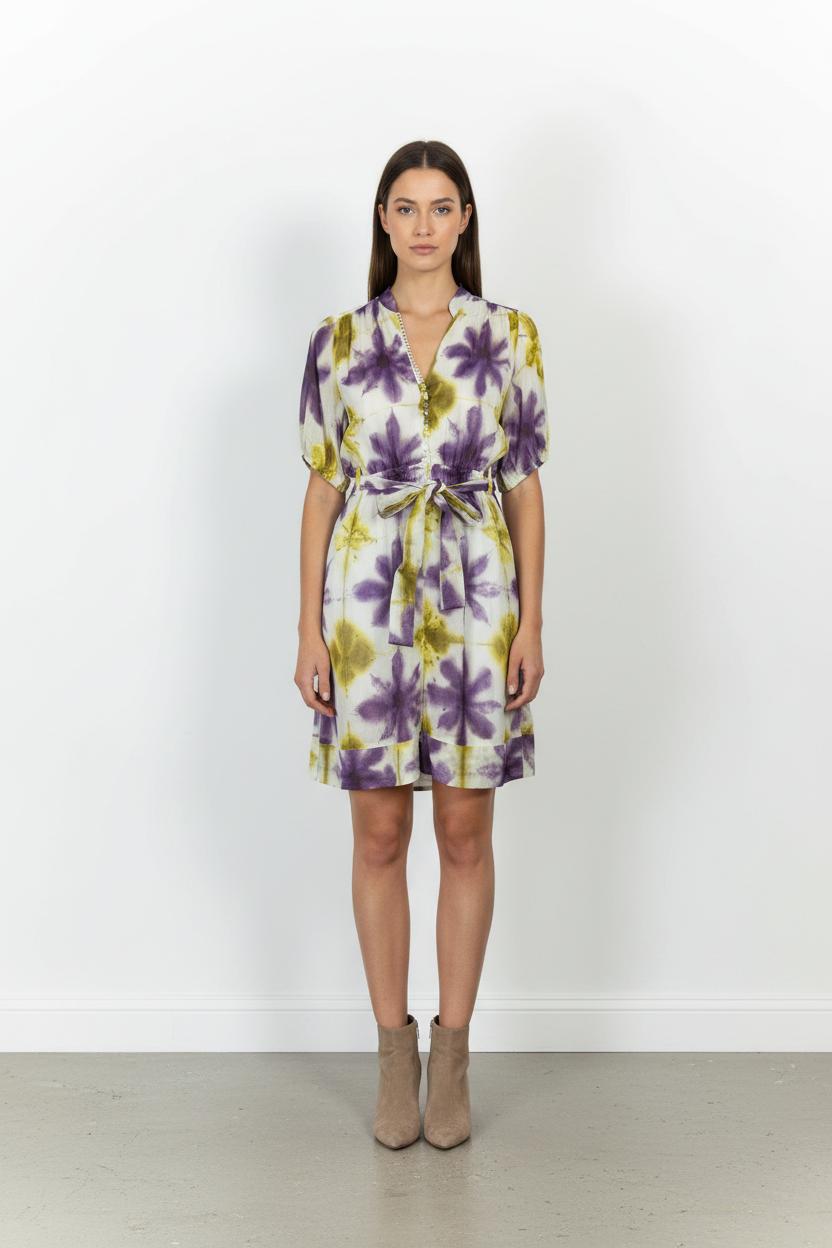 Robe Courte Violette et Jaune - Taille M/38 de la marque Indies | PARAD103665 - Vendu par Paradigme - Image 1
