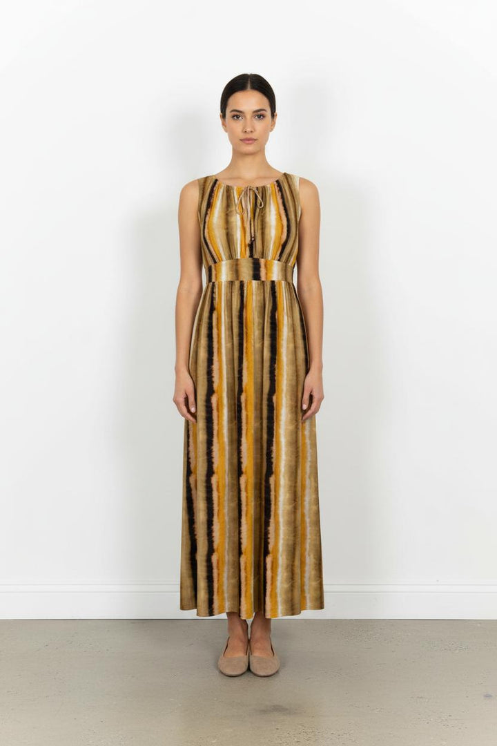 Robe Longue Marron et Jaune - Taille S/36 de la marque Indies | PARAD103672 - Vendu par Paradigme - Image 1