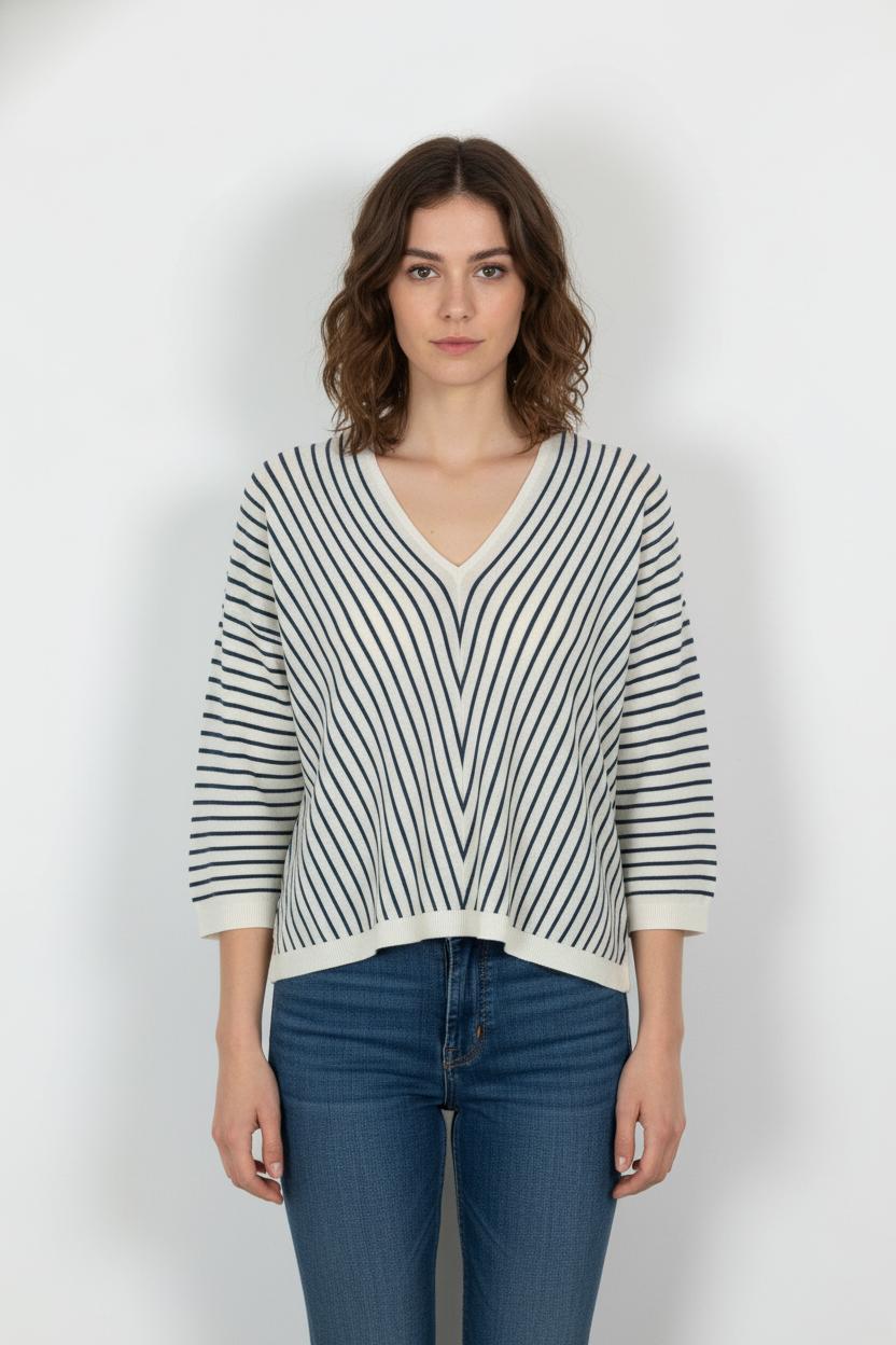 Pull Rayé Écru et Bleu - Taille L/40 de la marque La Fée Maraboutée | PARAD103855 - Vendu par Paradigme - Image 1