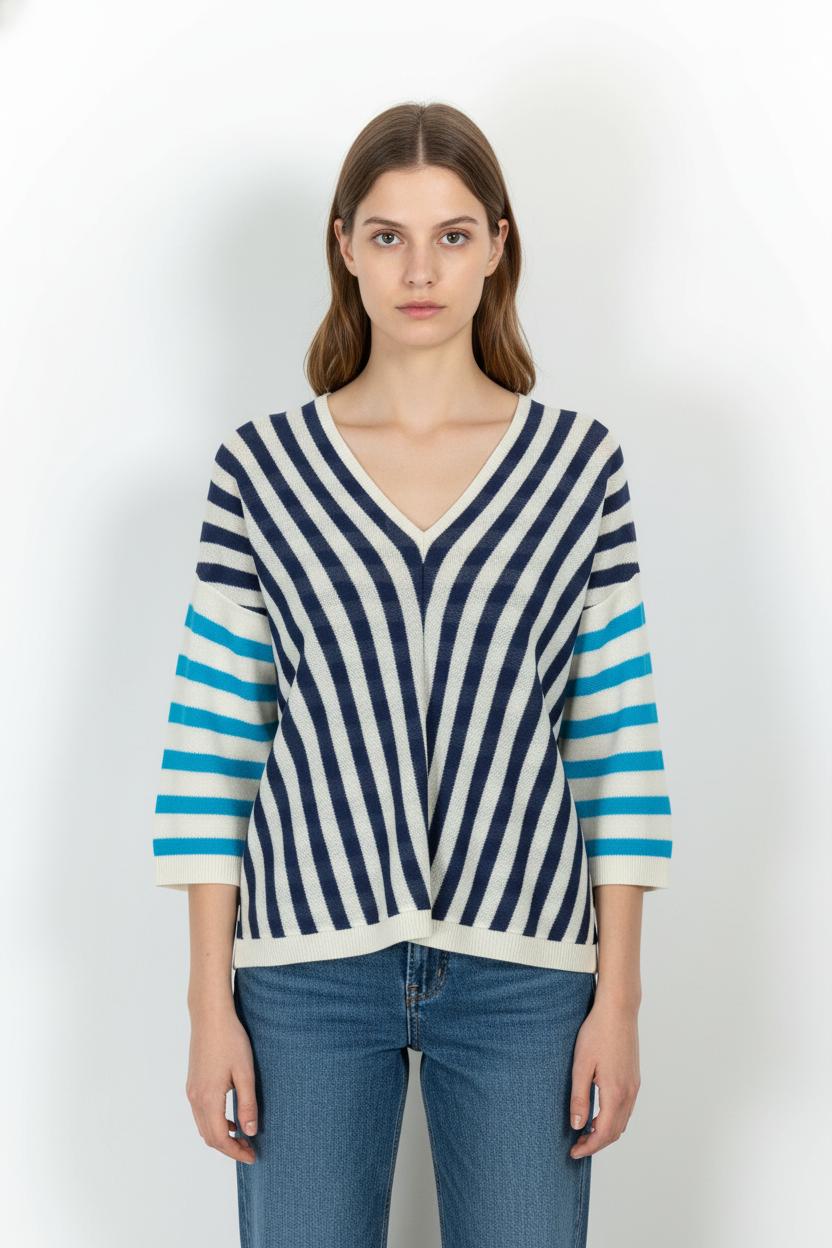 Pull Rayé Bleu Marine et Bleu Clair - Taille M/38 de la marque La Fée Maraboutée | PARAD103856 - Vendu par Paradigme - Image 1