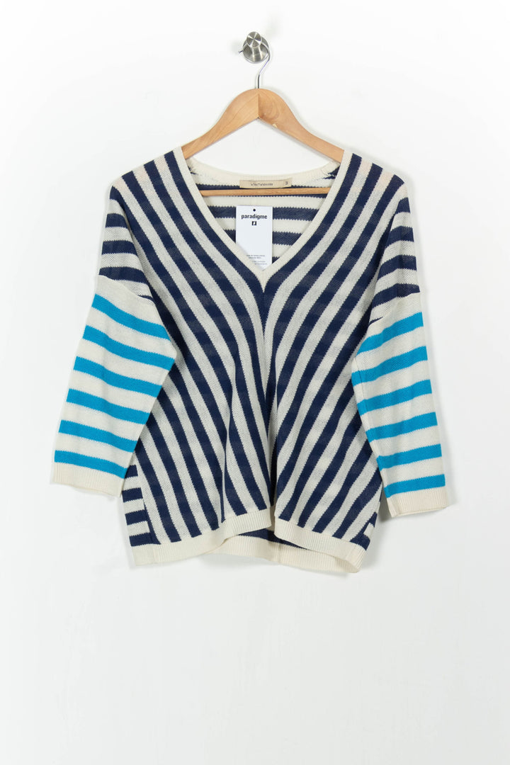Pull Rayé Bleu Marine et Bleu Clair - Taille M/38 de la marque La Fée Maraboutée | PARAD103856 - Vendu par Paradigme - Image 2