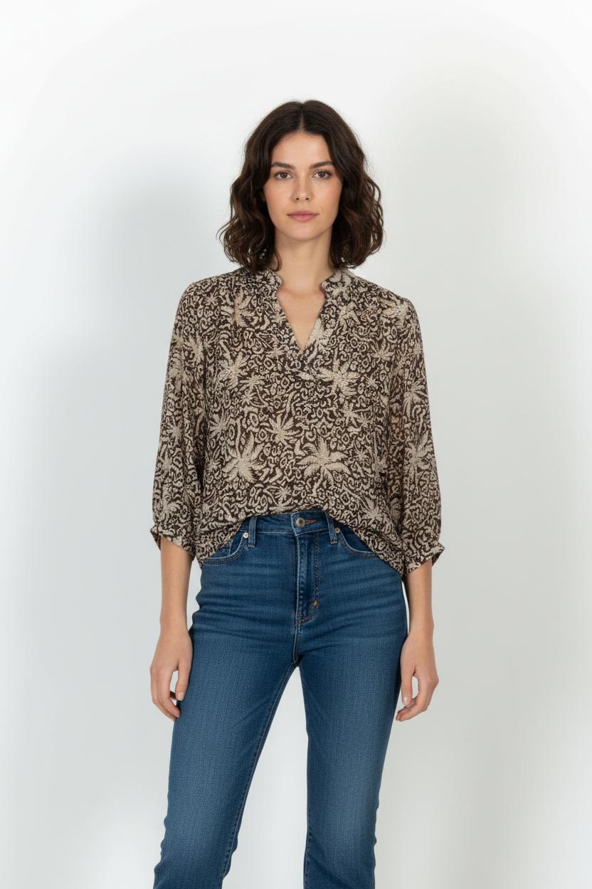 Blouse Marron et Beige - Taille M/38 de la marque La Fée Maraboutée | PARAD103870 - Vendu par Paradigme - Image 1