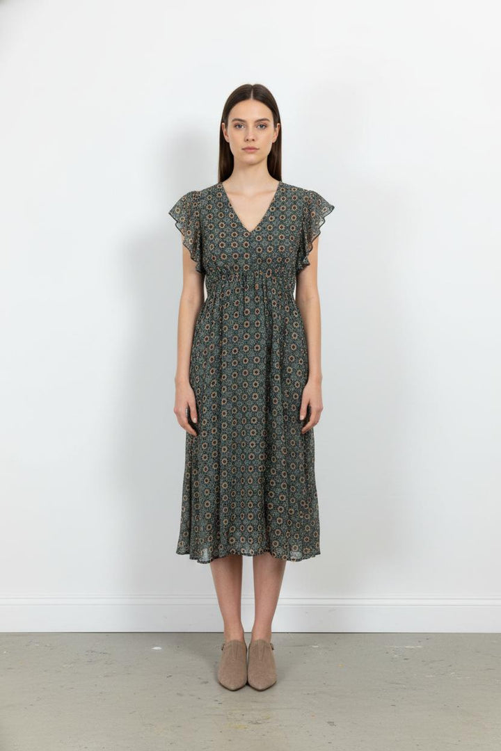 Robe Fleurie Verte et Beige - Taille S/36 de la marque La Fée Maraboutée | PARAD103904 - Vendu par Paradigme - Image 1