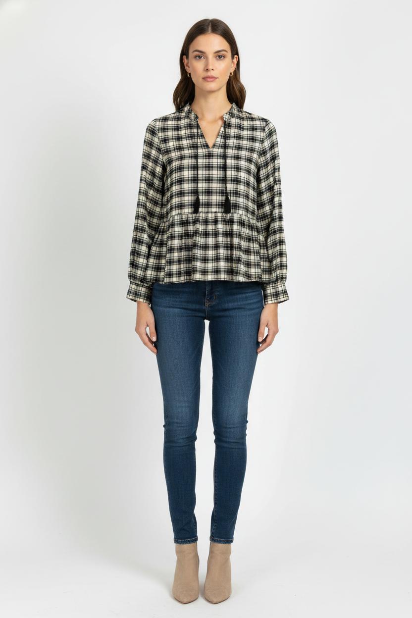 Blouse à Carreaux Beige et Noir - Taille S/36 de la marque La Fée Maraboutée | PARAD104119 - Vendu par Paradigme - Image 1