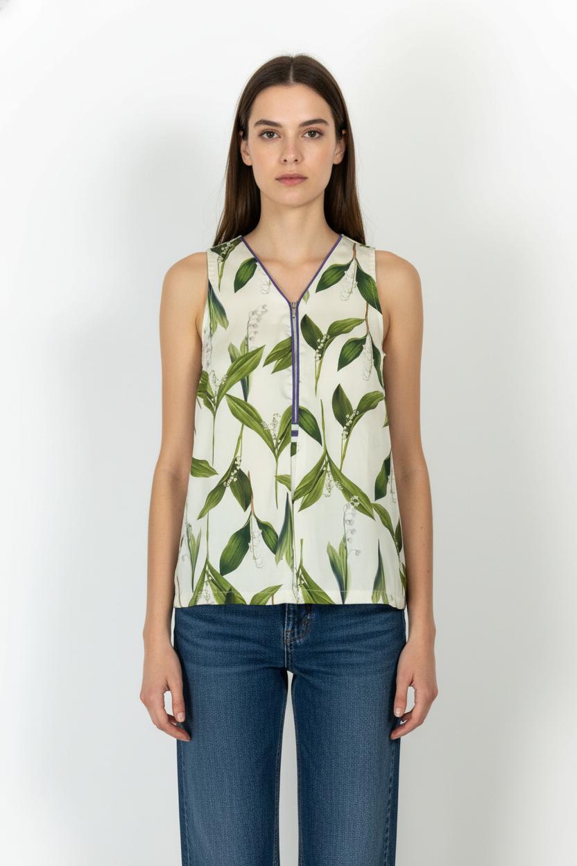 Blouse Sans Manches Blanche et Verte - Taille M/38 de la marque Indies | PARAD105606 - Vendu par Paradigme - Image 1