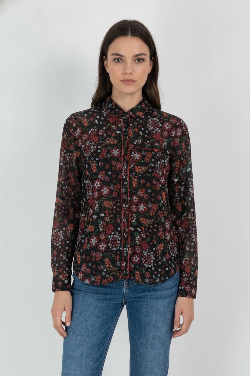 Chemise Fleurie Noire et Rouge - Taille S/36 de la marque Caroll | PARAD105930 - Vendu par Paradigme - Image 1