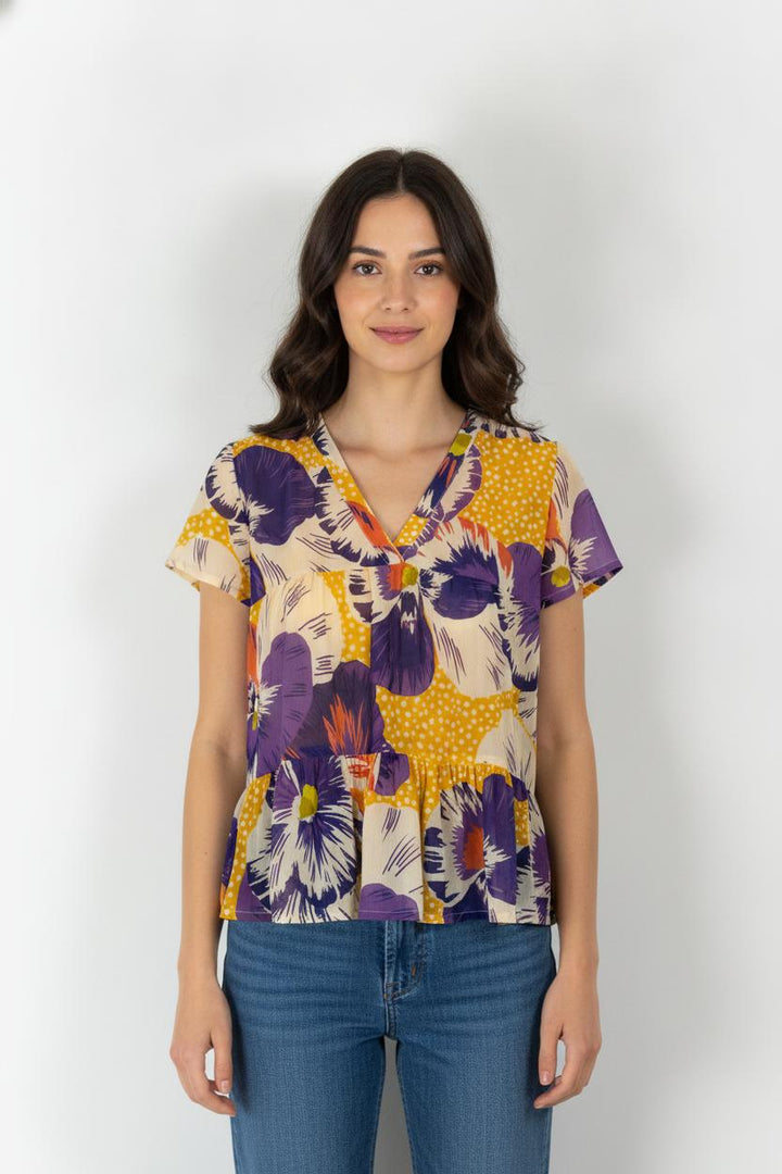 Blouse Fleurie Jaune et Violette - Taille M/38 de la marque Indies | PARAD106151 - Vendu par Paradigme - Image 1