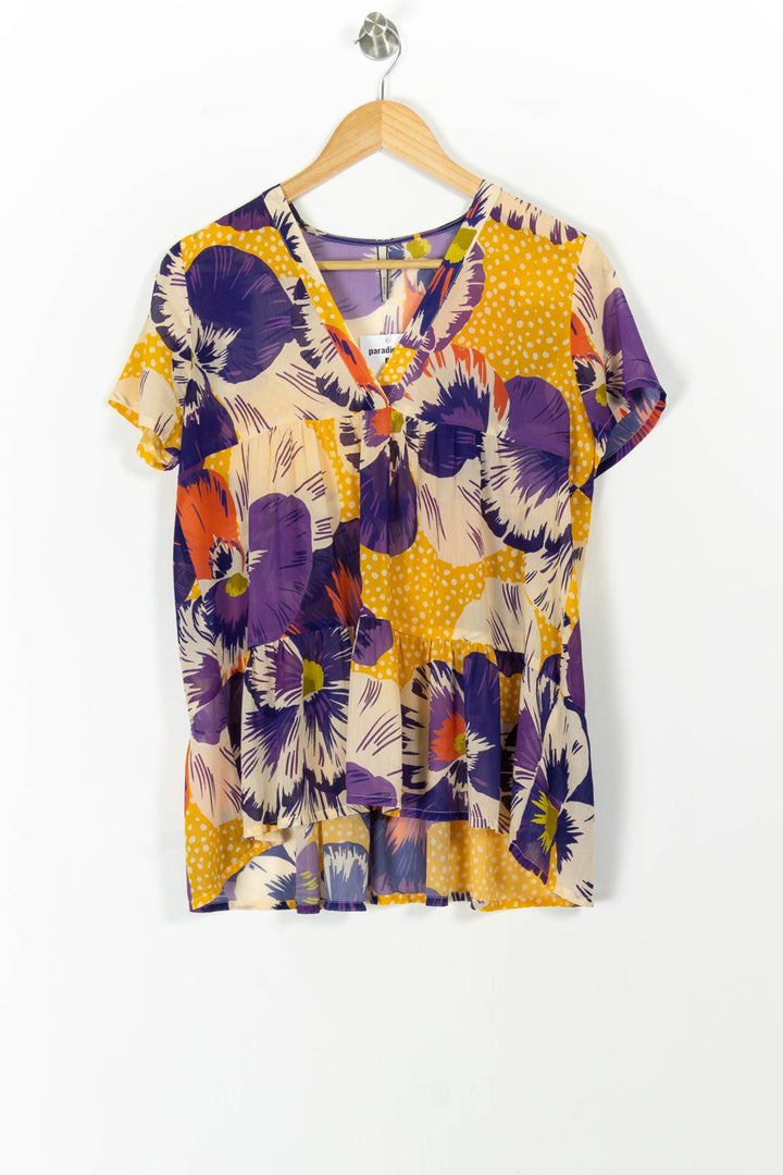 Blouse Fleurie Jaune et Violette - Taille M/38 de la marque Indies | PARAD106151 - Vendu par Paradigme - Image 2