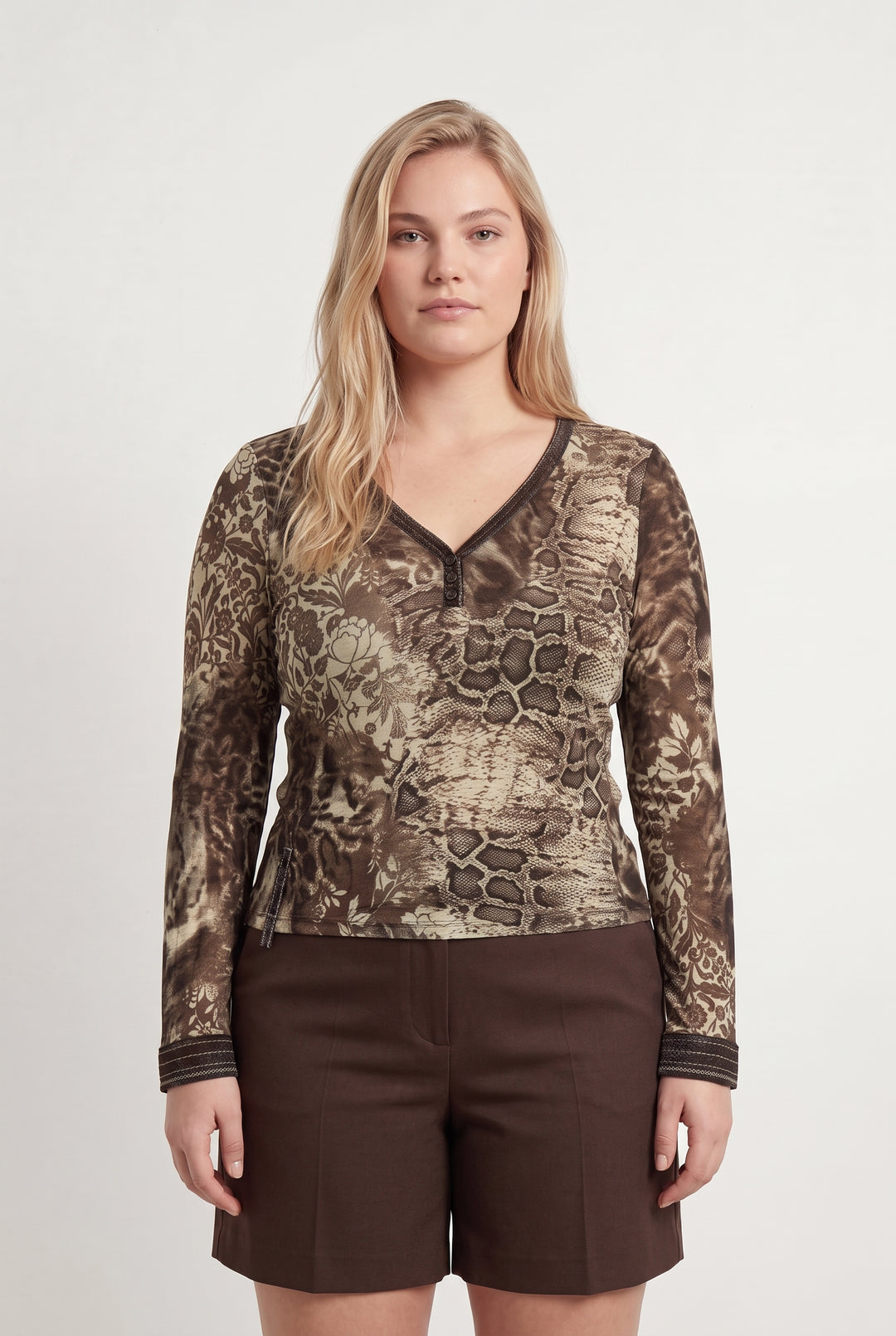 Chemisier Marron et Beige - Taille XL/42 de la marque Indies | PARAD107763 - Vendu par Paradigme - Image 1