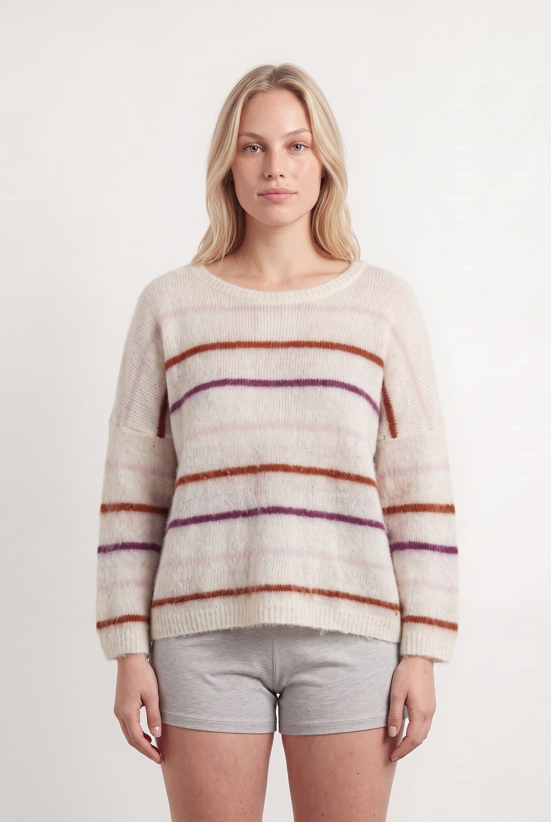 Pull Blanc à Rayures Marron et Violettes - Taille L/40 de la marque Des petits hauts | PARAD116681 - Vendu par Paradigme - Image 1