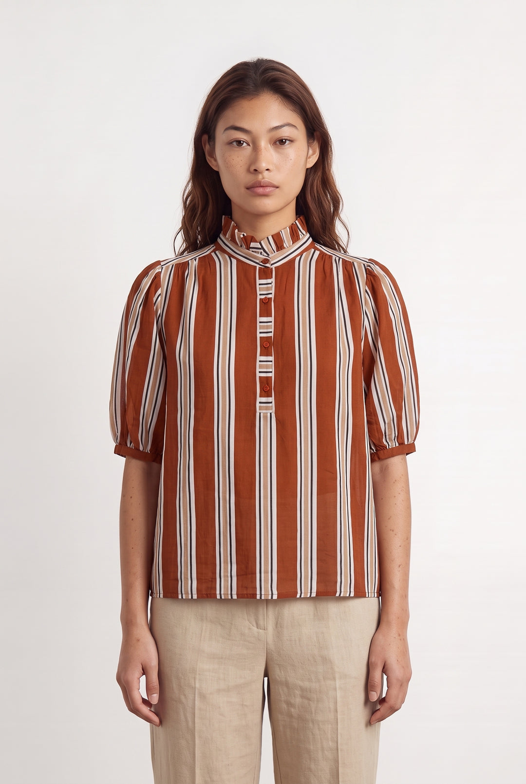 Chemise Rayée Marron et Blanche - Taille M/38 de la marque Petite Mendigote | PARAD117033 - Vendu par Paradigme - Image 1