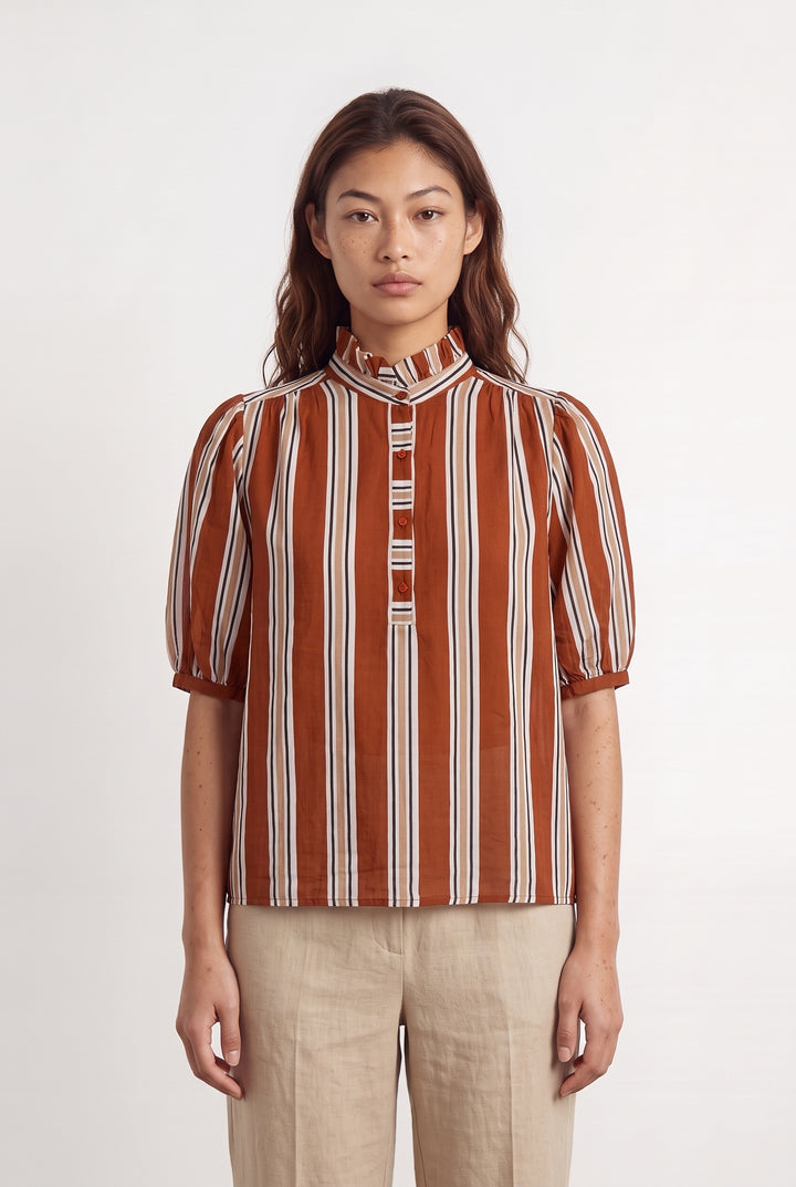 Chemise Rayée Marron et Blanche - Taille M/38 de la marque Petite Mendigote | PARAD117033 - Vendu par Paradigme - Image 1