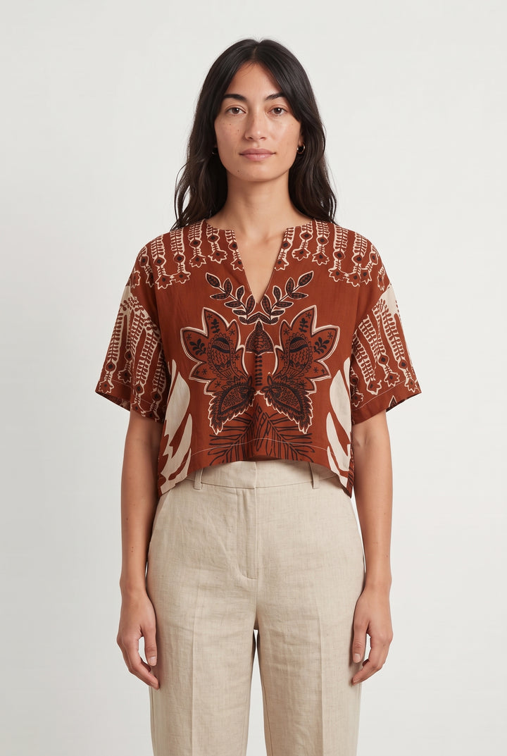 Blouse Marron et Beige - Taille M/38 de la marque La Fée Maraboutée | PARAD120149 - Vendu par Paradigme - Image 1
