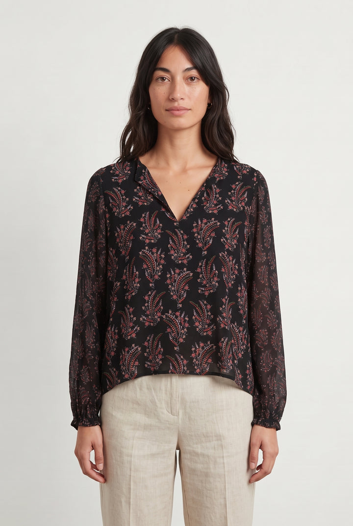 Blouse Noire à Motifs Rouges et Roses - Taille M/38 de la marque La Fée Maraboutée | PARAD120292 - Vendu par Paradigme - Image 1