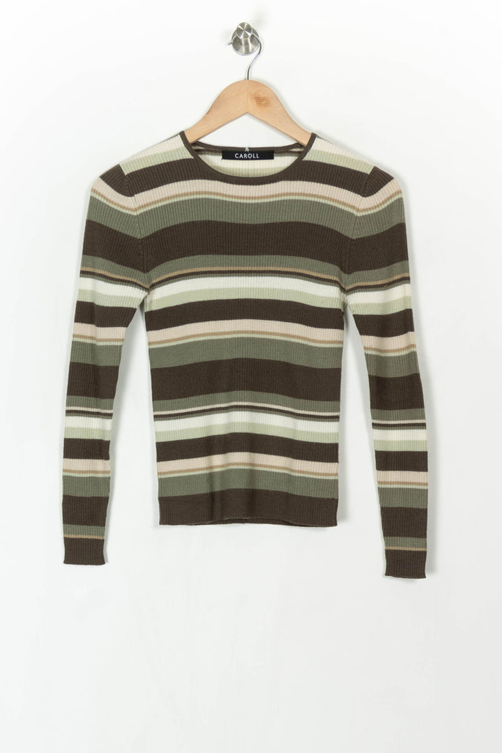 Pull Rayé Vert et Marron - Taille S/36 de la marque Caroll | PARAD120494 - Vendu par Paradigme - Image 2