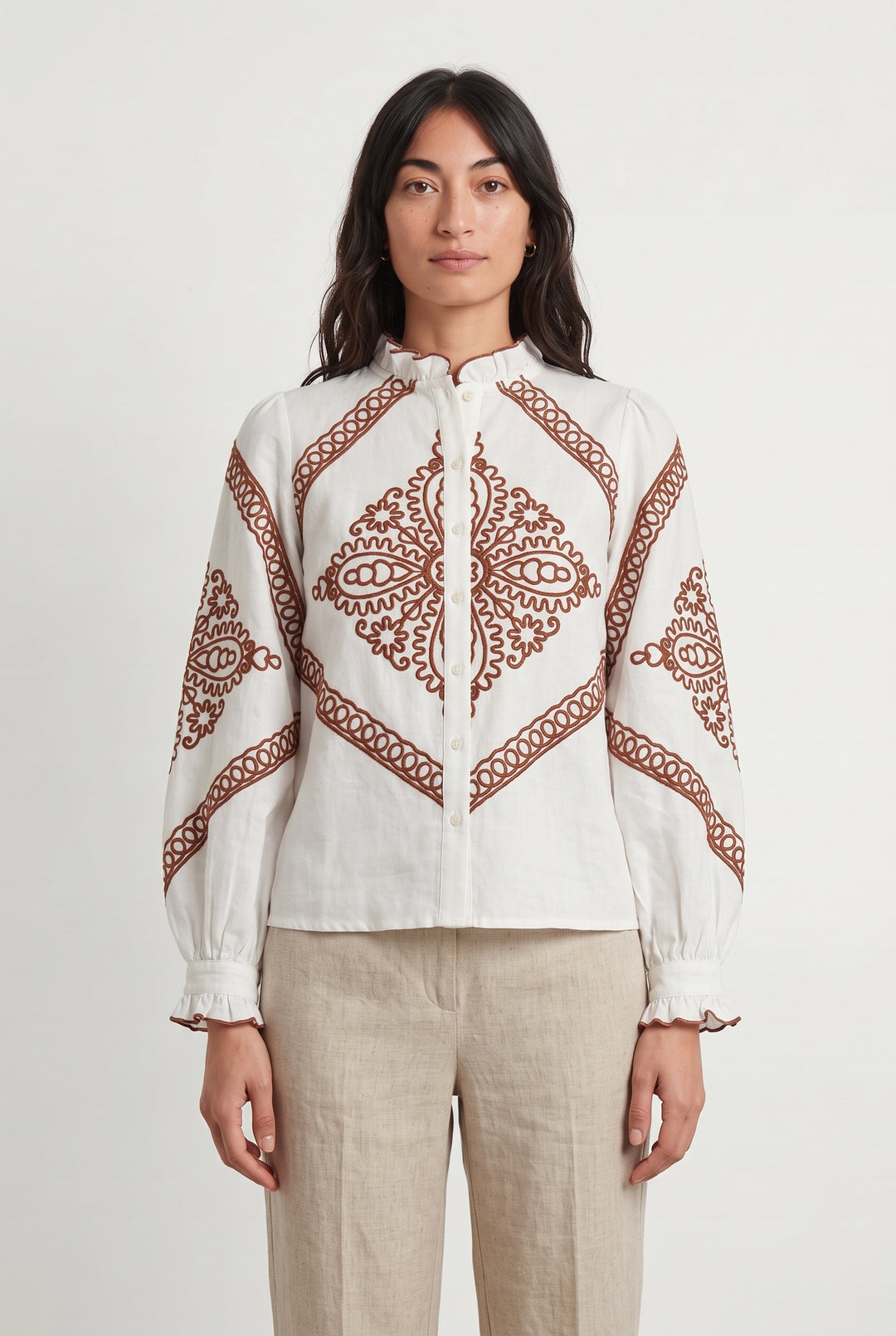 Blouse Blanche et Marron - Taille S/36 de la marque Sézane | PARAD120945 - Vendu par Paradigme - Image 1
