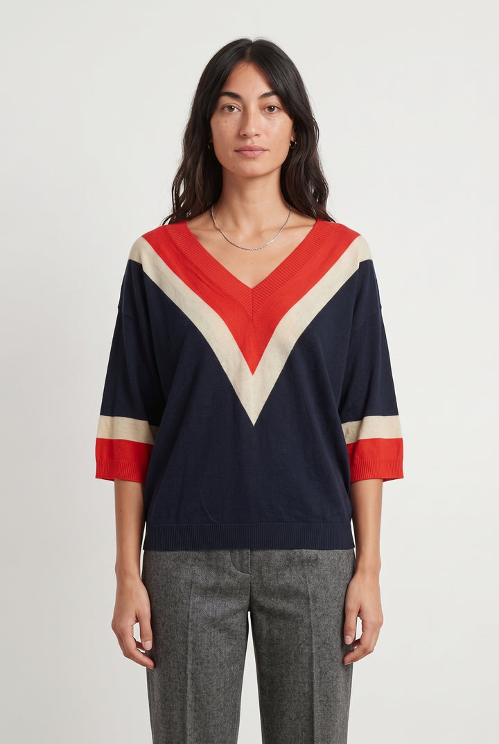Pull Bleu marine rouge et beige - Taille M/38 de la marque La Fée Maraboutée | PARAD121682 - Vendu par Paradigme - Image 1
