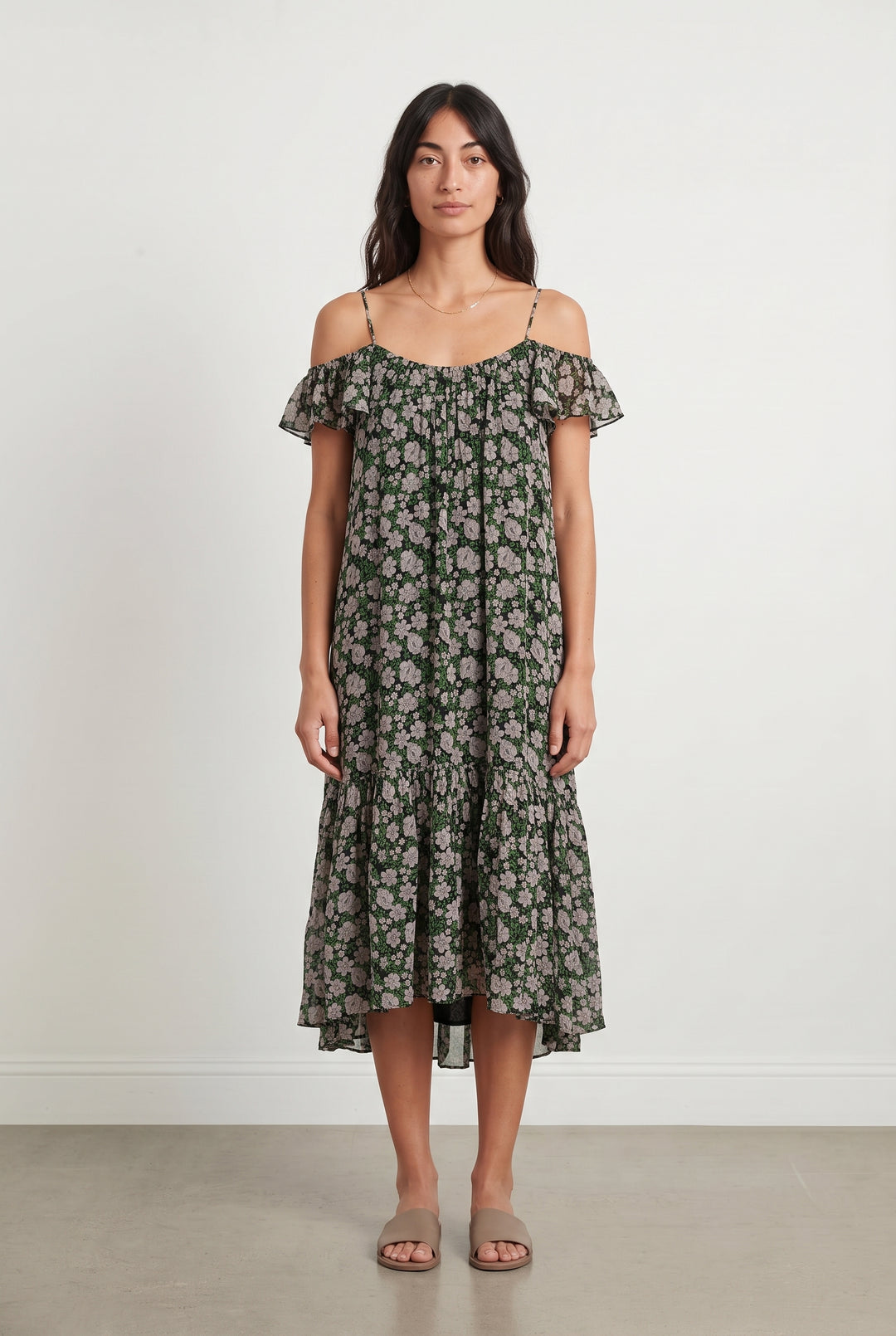 Robe Midi Fleurie Verte et Blanche - Taille M/38 de la marque Claudie Pierlot | PARAD122402 - Vendu par Paradigme - Image 1