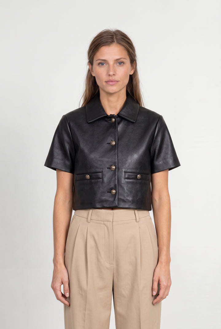 Veste En Cuir À Manches Courtes Noire - Taille S/36 de la marque Maje | PARAD124637 - Vendu par Paradigme - Image 1