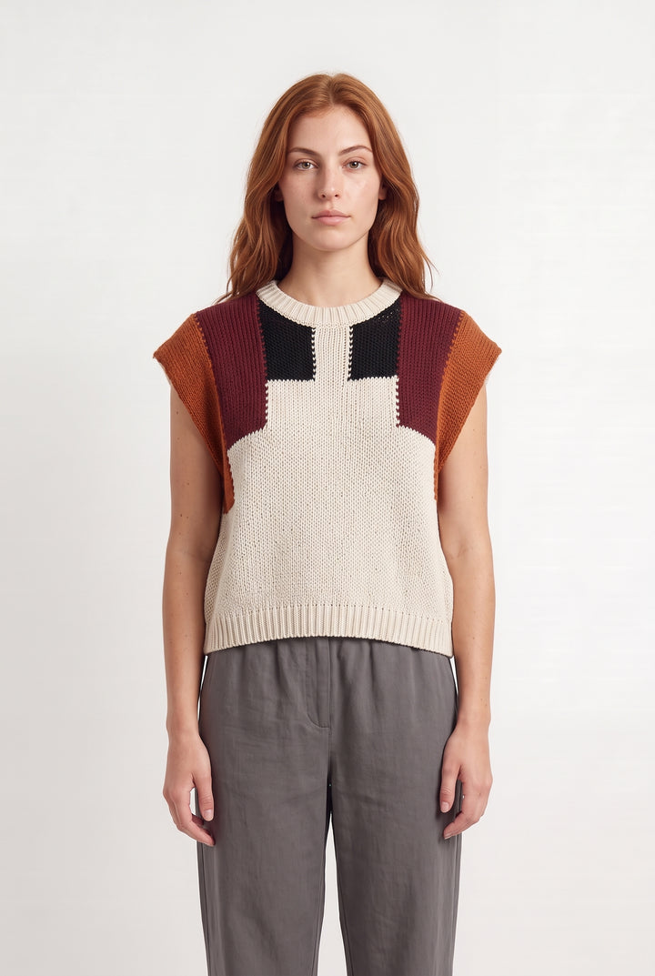Pull Sans Manches Beige et Bordeaux - Taille S/36 de la marque La Fée Maraboutée | PARAD124652 - Vendu par Paradigme - Image 1
