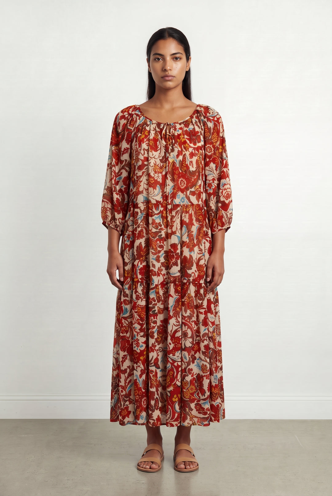 Robe Longue Rouge et Beige - Taille L/40 de la marque Indies | PARAD124710 - Vendu par Paradigme - Image 1