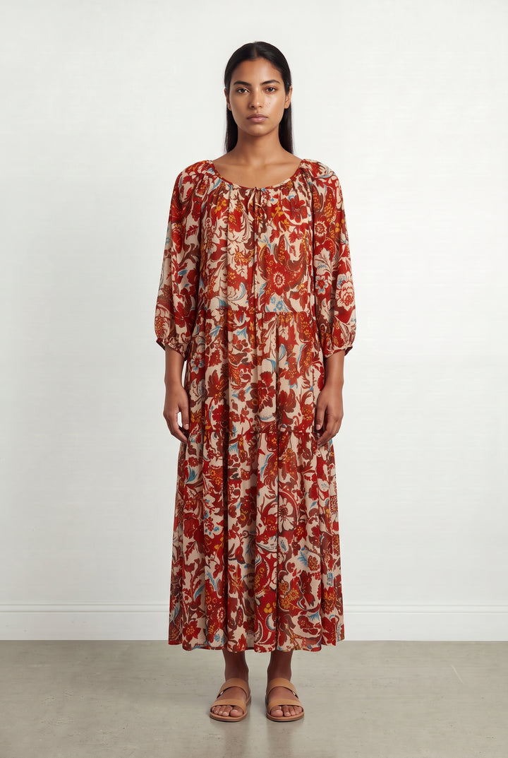Robe Longue Rouge et Beige - Taille L/40 de la marque Indies | PARAD124710 - Vendu par Paradigme - Image 1