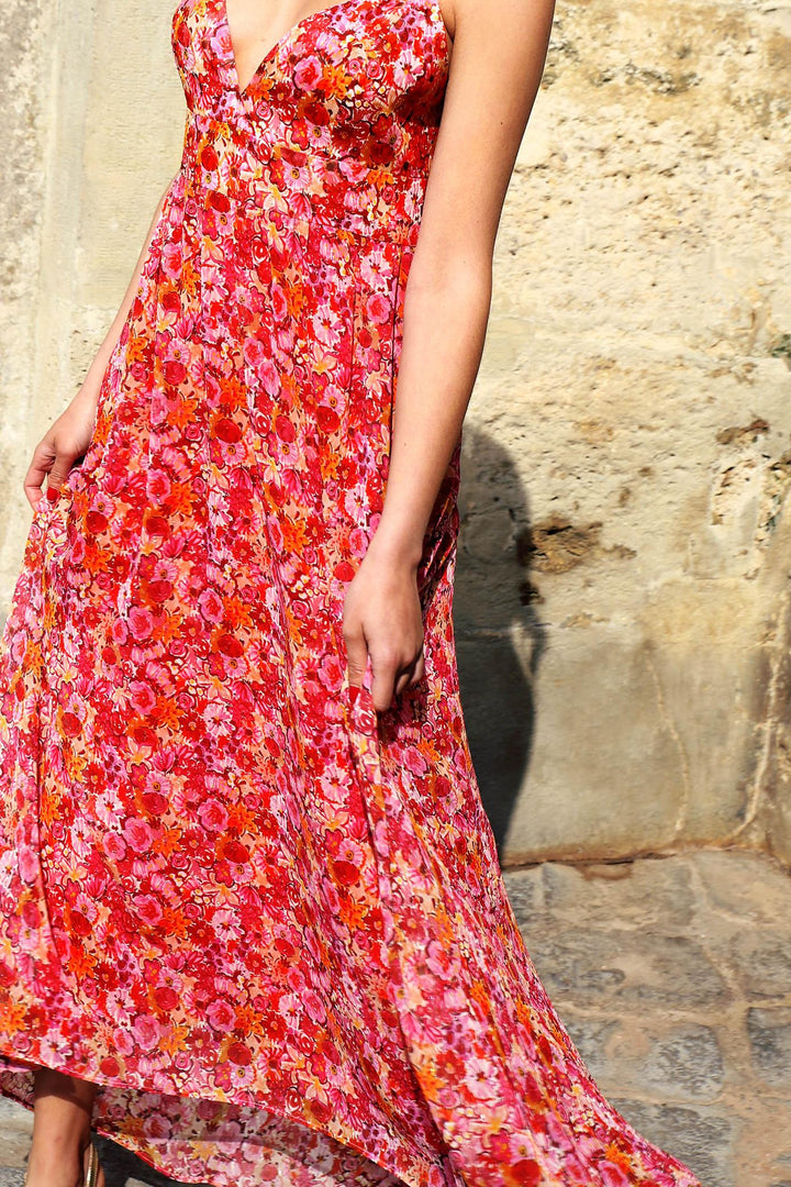 Robe longue - invitée Rose print corail