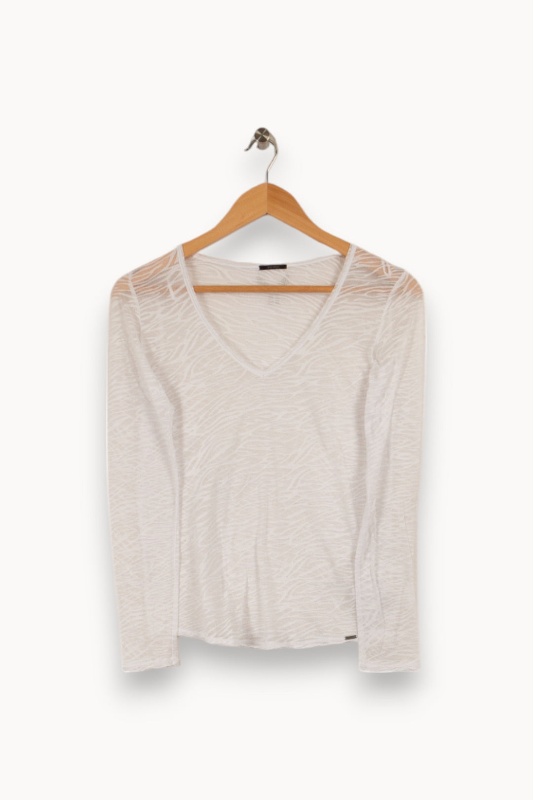 T-shirt manches longues blanc à motifs zèbre semi-transparent col V - Taille XS/34