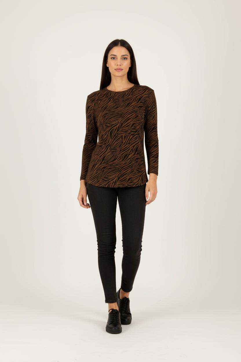 T-shirt manches longues marron et noir zébré - Taille S/36