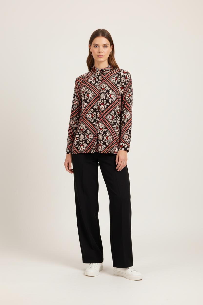 Chemisier noir à motifs rouges et roses clairs - Taille S/36
