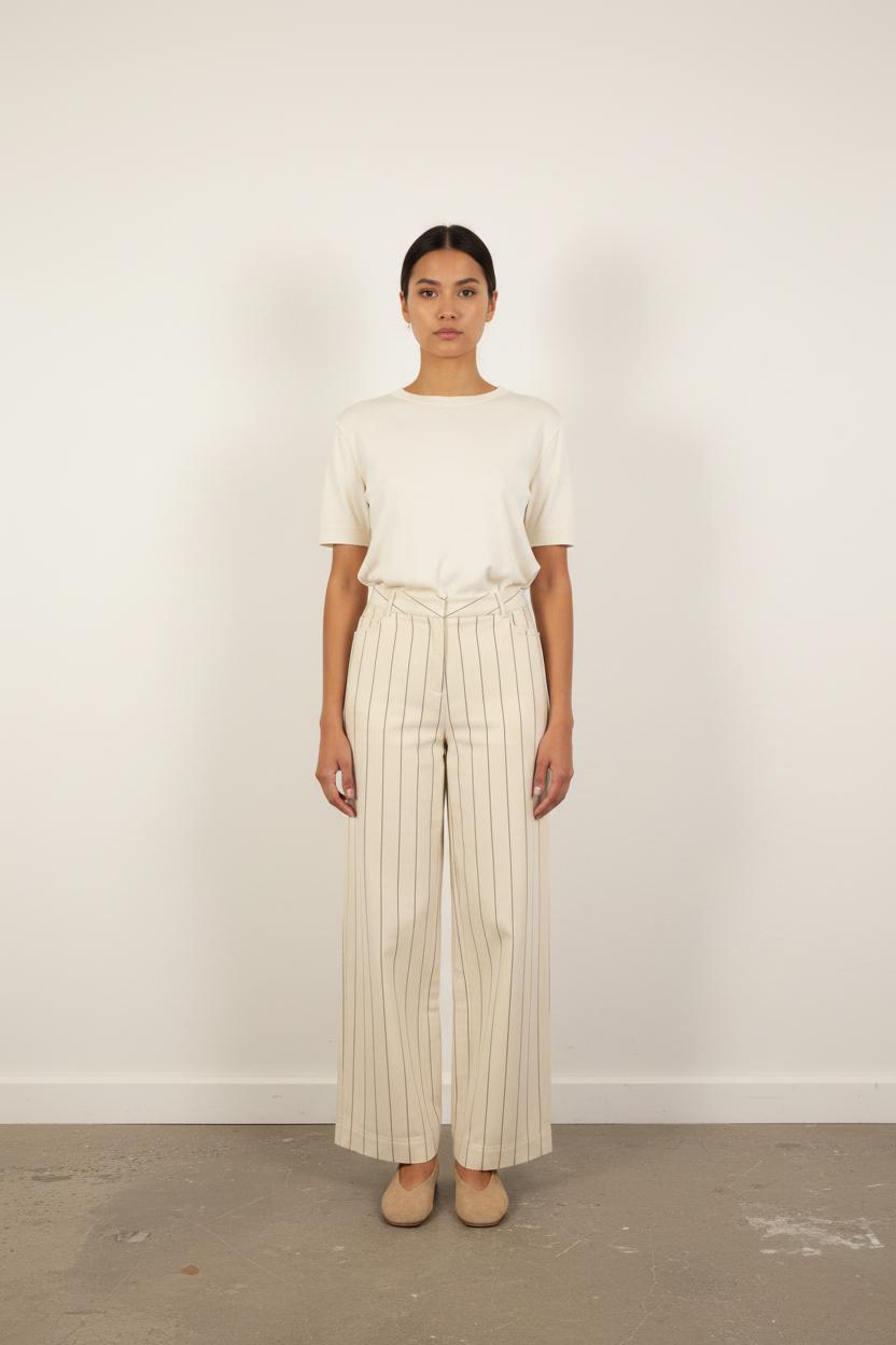 Pantalon Large Beige à Rayures Noires - Taille XS/34
