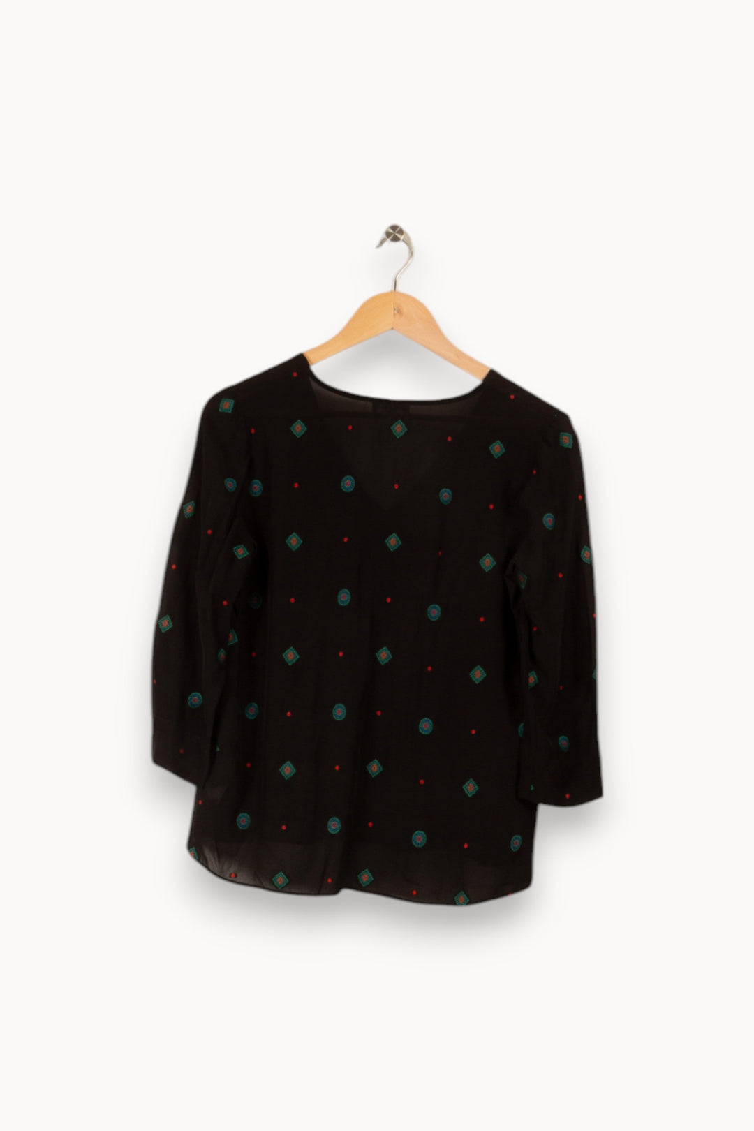 Blouse noire avec motifs orange, bleu et vert - Taille S/36